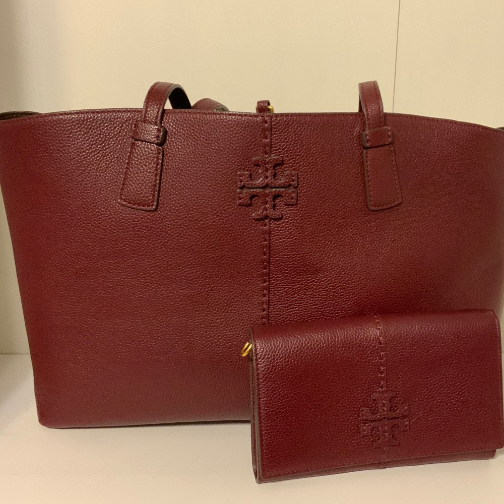 Tory Burch Burgundy Tote and Wallet/Clutch Set